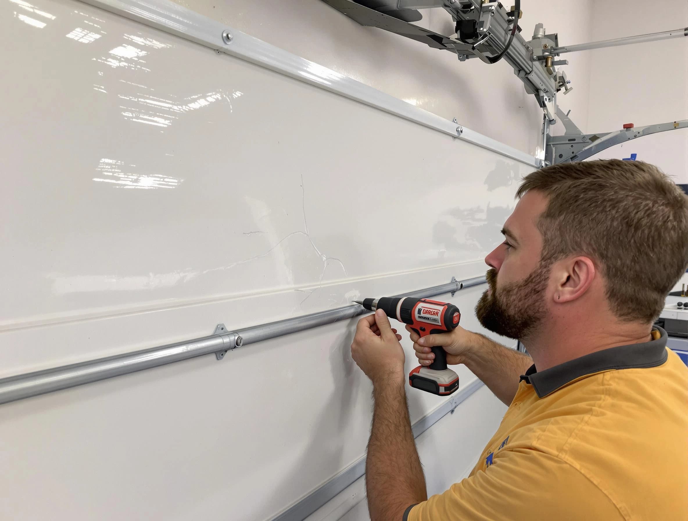 Carefree Garage Door Repair expert performing dent repair on garage door in Carefree