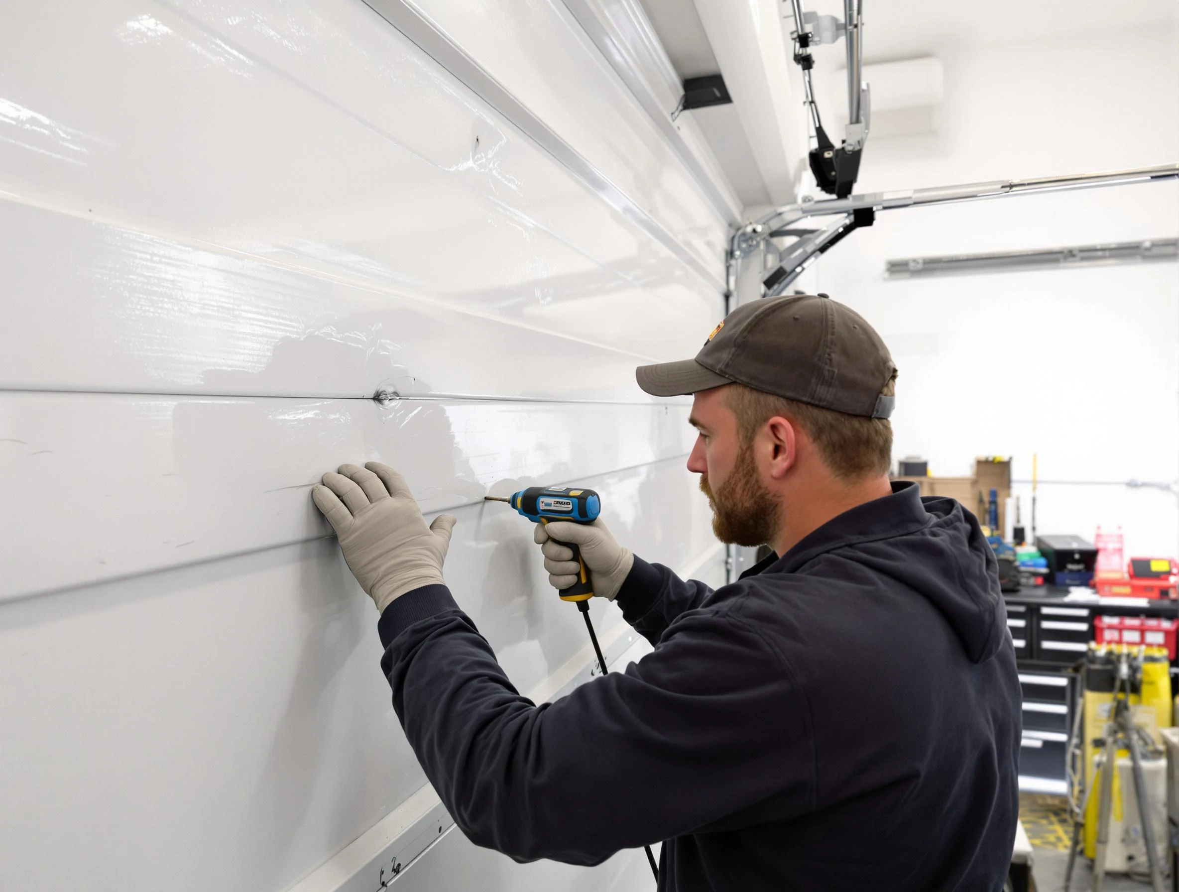 Carefree Garage Door Repair technician demonstrating precision dent removal techniques on a Carefree garage door